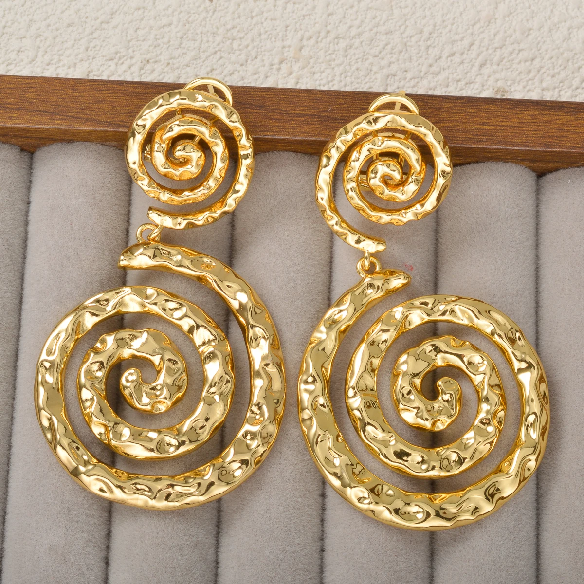 Gold Plated Hammered Heart/Round Spiral Drop Earrings Double Layer Statement Dangle Jewelry For Women Bohemian Vintage Style