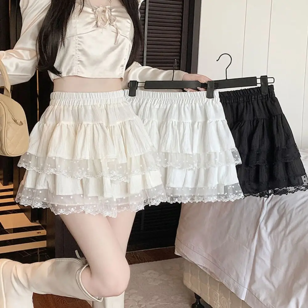 

Fashion Dots Puffy Cake Skirt Women High Waist Textured Lace Bowknot Short Skirt with Safty Pant Ruffle A-Line Short Skirt Daily