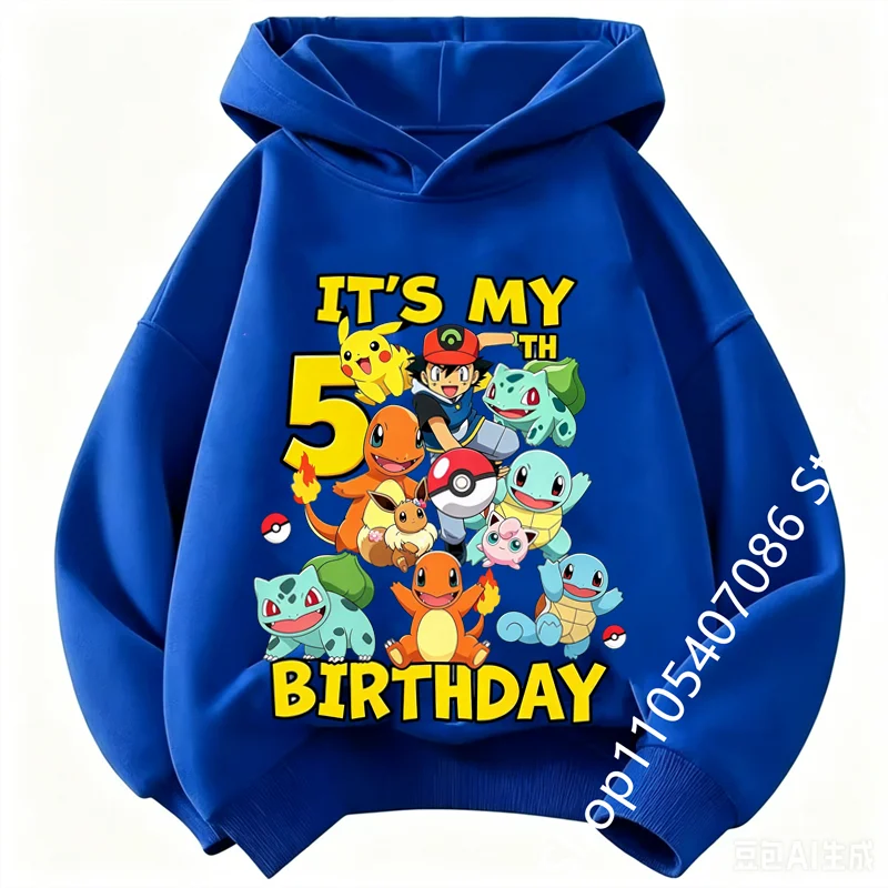Autumn and winter Pikachu Kids Pure hoodie  Unisex Boys Girls 4-14Y Casual Birthday 1-9 number Top