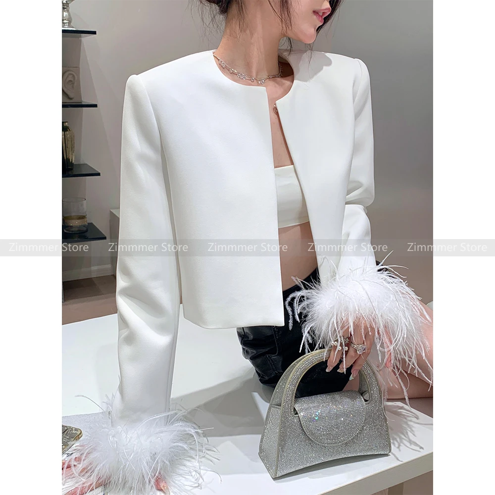 

Fashion women's clothing 24 early autumn French high-end light luxury suit lady ostrich feather loose slim short coat