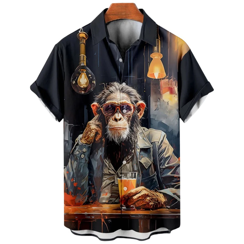 Summer Men\'s Orangutan Printed Shirt Short Sleeve Lapel Shirts Streetwear Animal Graphic Loose Shirts For Men European Size 5XL