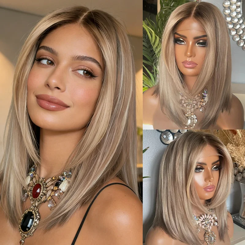 Wigs for Women Short Bob Ombre Blonde Brown Balayage Wig 13x4 Synthetic Lace Frontal Wigs Preplucked hatsune miku cosplay Party