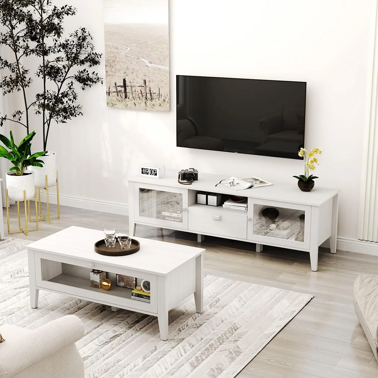 Modern TV Stand & Coffee Table Set with Glass Door & Storage Drawer for Living Room up to 65