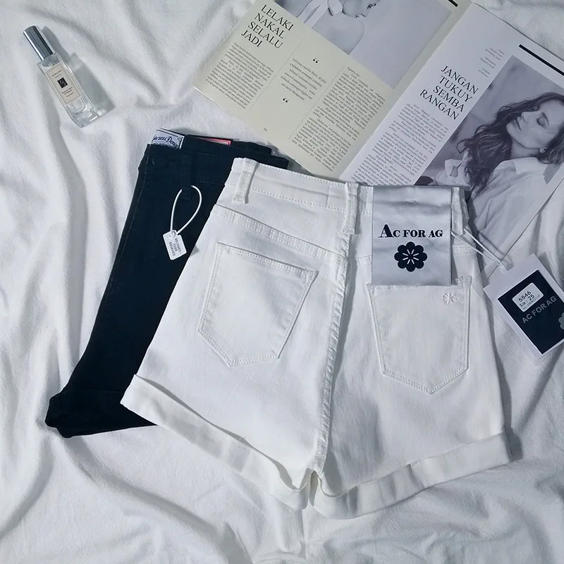 الربيع/الصيف الدنيم السراويل الساخنة مع حافة مجعد المرأة تمتد عالية الخصر نحيل السراويل المتوترة الخام هيم عارضة الدنيم السراويل