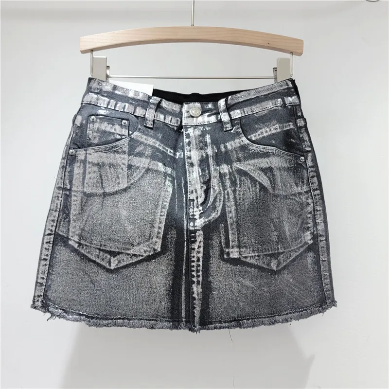 2024 Spring and Summer New Heavy Industry Bronzing Denim Skirt Female High Waist Slimming All-Matching A- Line Hip-Wrapped Skirt