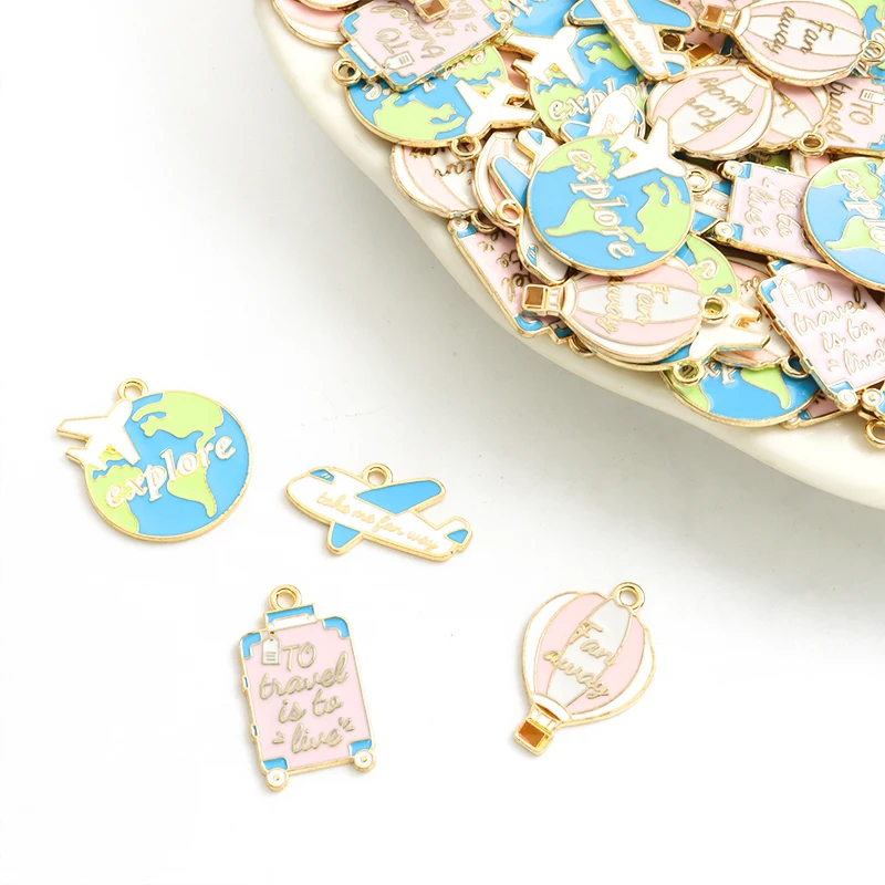 10pcs Creative Travel Enamel Charm Airplane Luggage Global Explore Metal Drip Oil Pendant For DIY Making Jewelry Findings Crafts