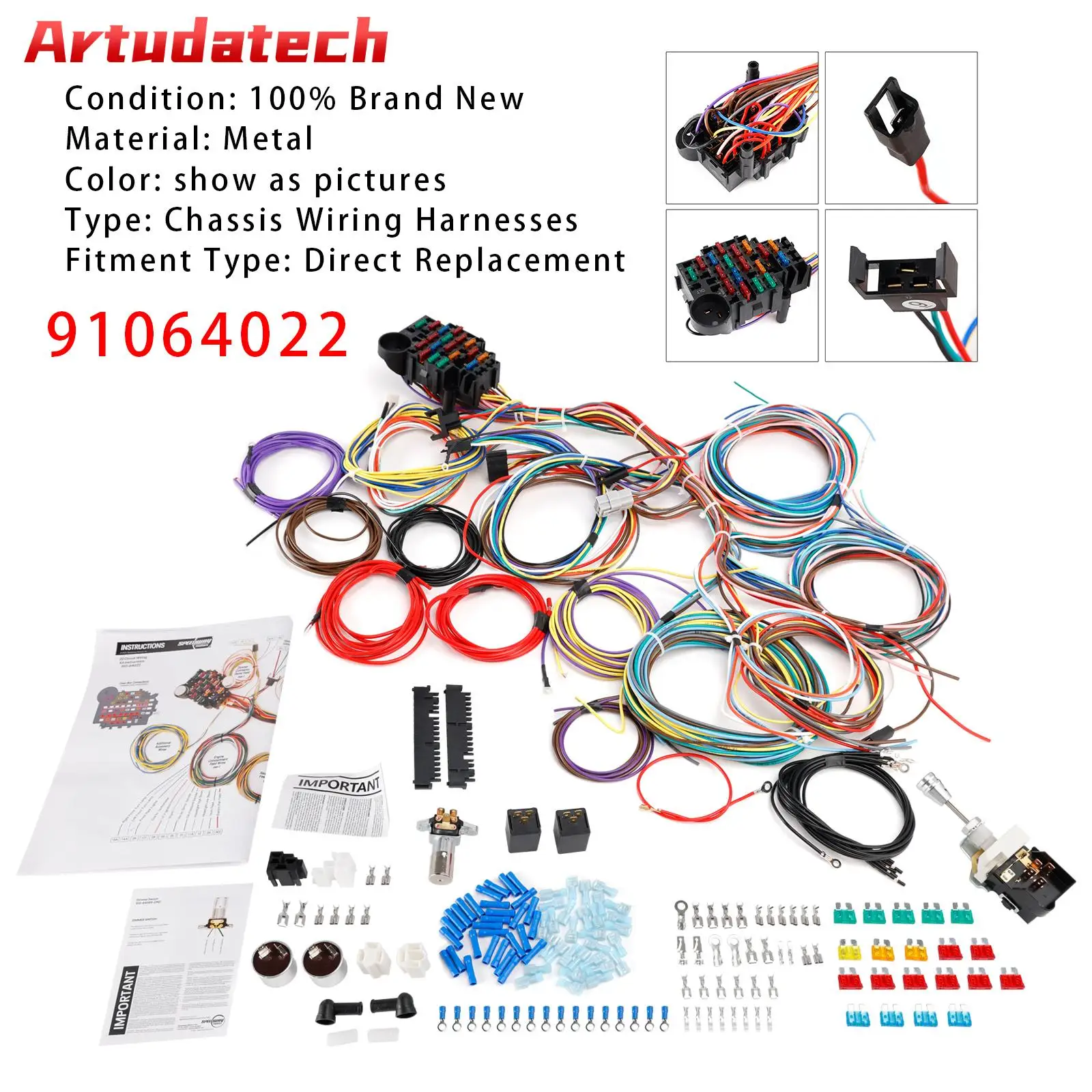 Artudatech Universal 22 Circuit Wiring Harness Custom Wire Kit Xl Wires 91064022 Car Accessories