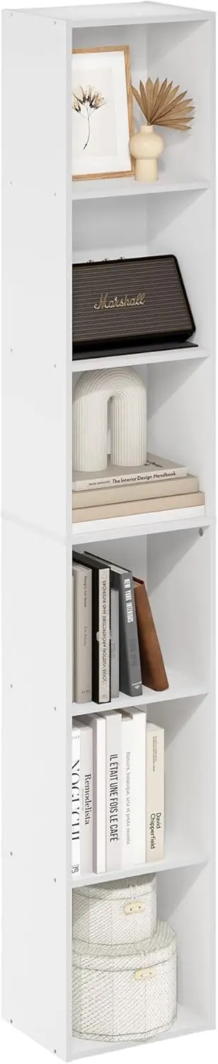 

6-Tier Tall Modern Bookshelf with Open Shelves, White for Living Room, Bedroom, Home Office Storage