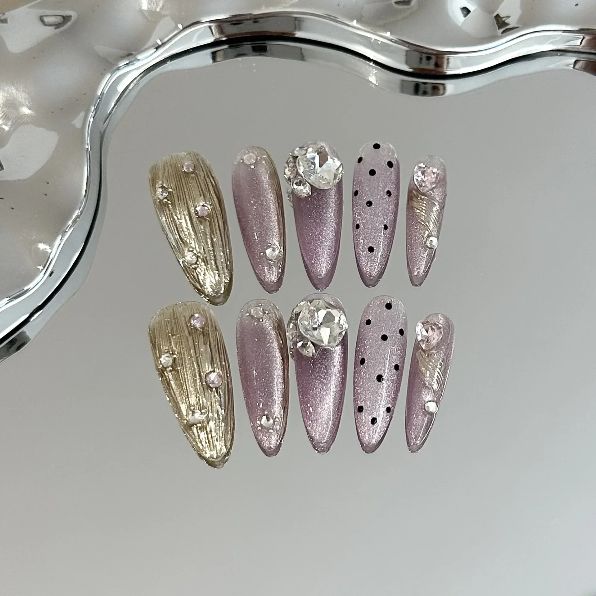 10 Pieces Romantic Gentle Press On Nails Handmade Purple Cat Eye Glitter Diamond Gold Luxury Fake Nail Patches Removable