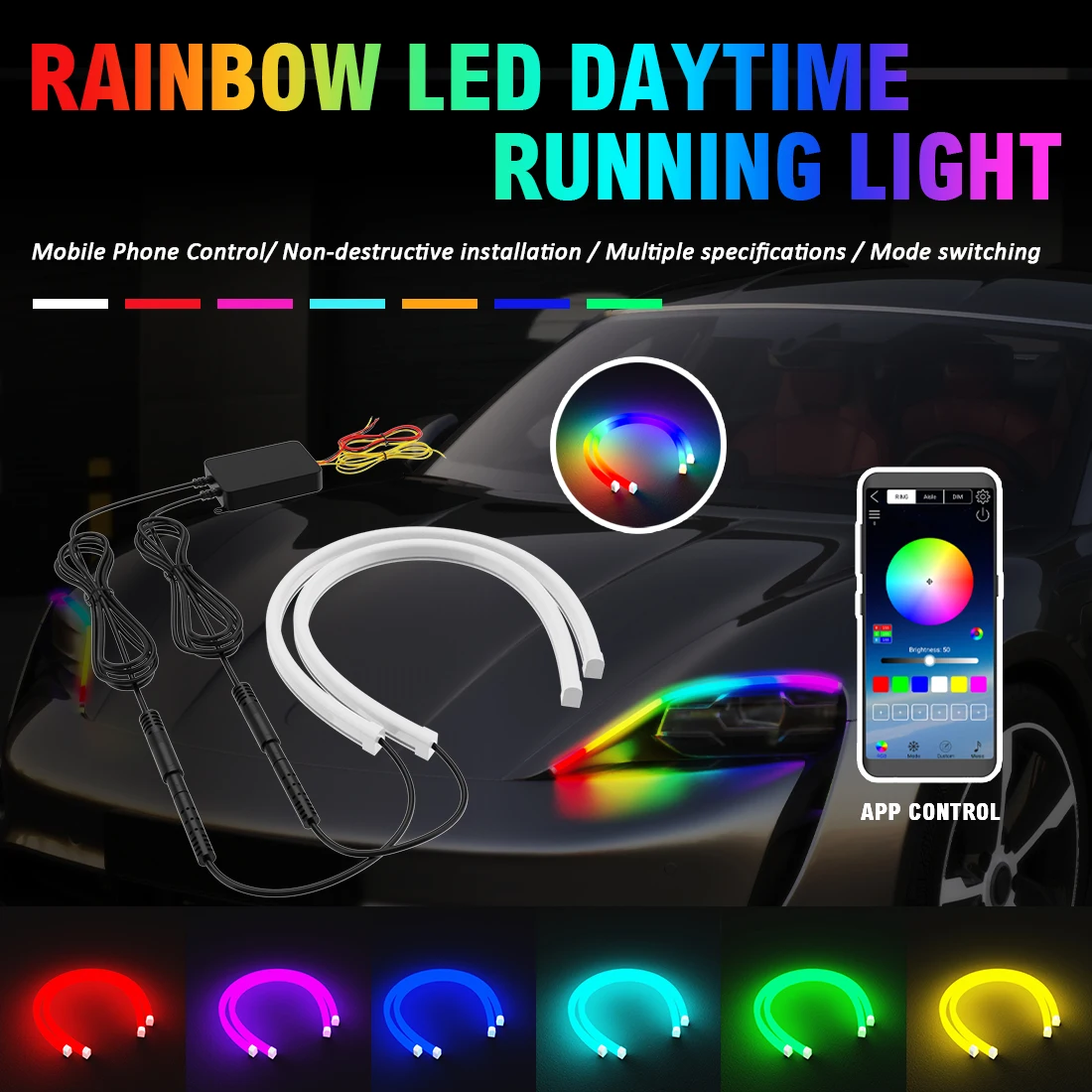 2PCS DRL Car LED Daytime Running Light APP Control Flexible RGB Flowing Turn Signal Strip Headlight Decorative Lamp 9-30V