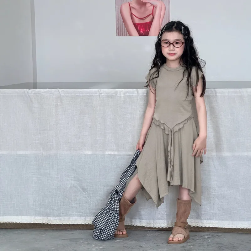 Gril 2piece Set Tshirt Dress Knitt Short Sleeve Irregular 26 Spring Summer Korean Fashion Stylish Children 3-12 Years Outfit Top