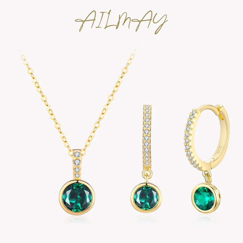 Ailmay 925 Sterling Silver Luxury 14K Gold Jewelry Set Emerald Green CZ Necklace & Hoop Earrings For Women Wedding Jewelry Gift