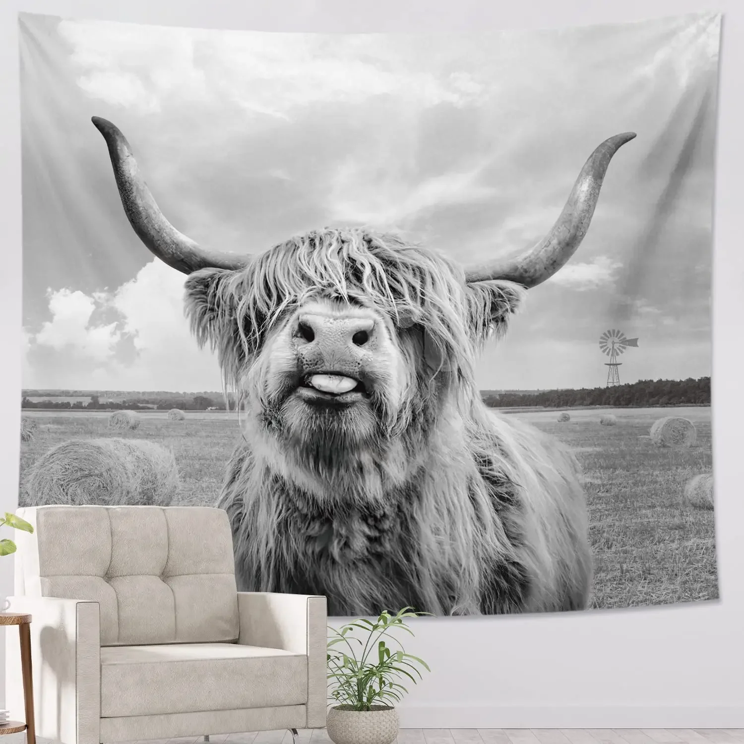 Cow Tapestry,Funny Highland Wall Art Tapestries,Western Country Animal Rustic Bull Cattle Farmhouse Decor Tapestry Wall Hanging