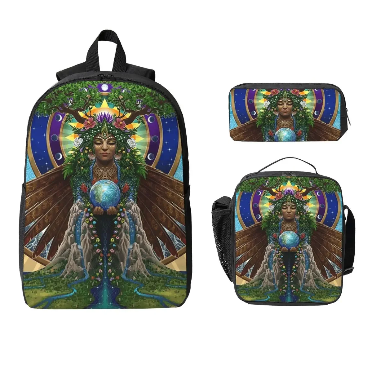 Gaia Sacred System Backpack Student BookBag School Bag Laptop Shoulder Bags 3ps Insulated Lunch Bag Pencil Case