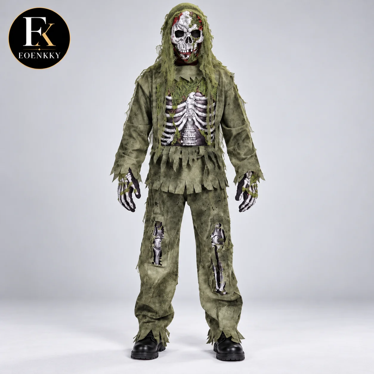EOENKKY Halloween Zombie Skeleton Costume 4PCS Skull Mask Top Pants Gloves for Kids Teens Adults Scary Ghoul Cosplay Party