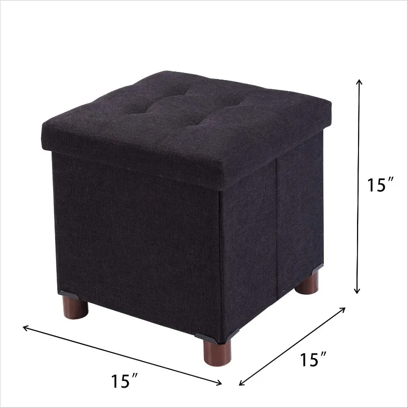 15 Inches Storage Ottoman with Wooden Legs Cube Foot Rest Stool, Square Footstool Storage, Foldable Fabric Ottoman