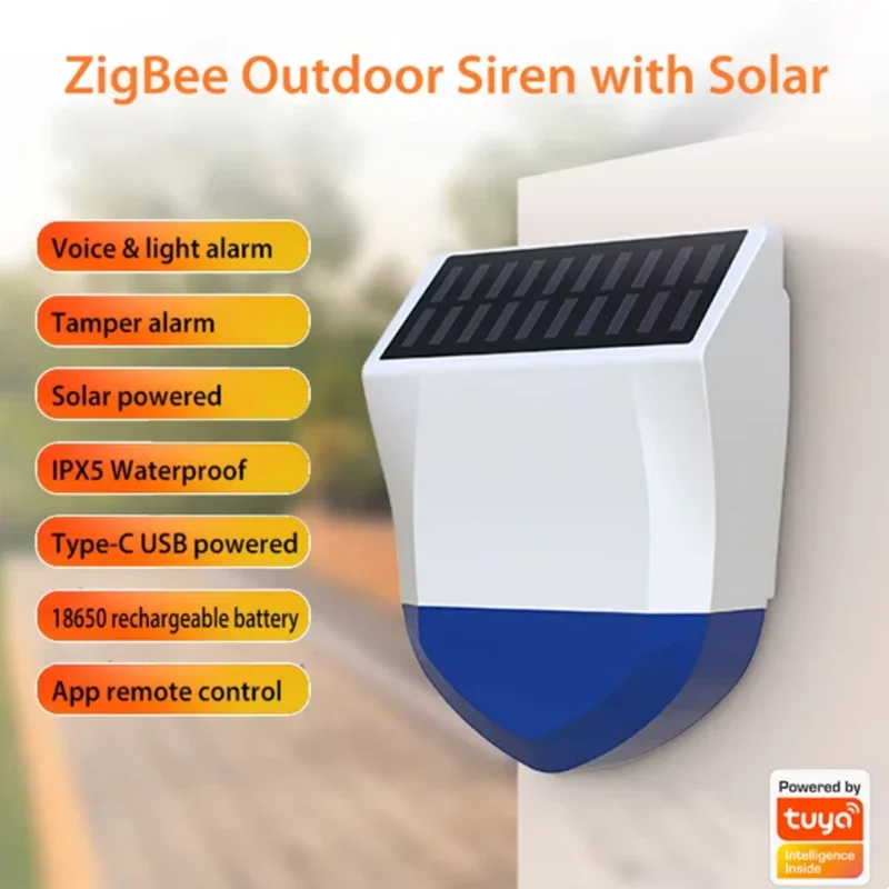 Tuya Smart Zigbee/Wifi Siren Alarm Waterproof Outdoor with Solar/USB Power, 95dB Loud, Remote Control Wireless App Control​​