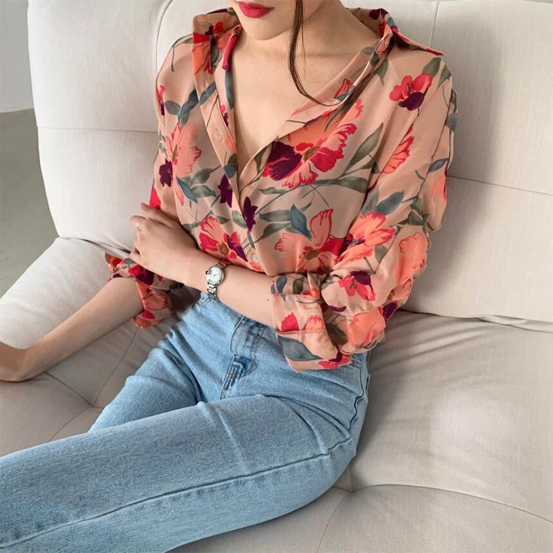 Primavera verão casual moda floral impressão manga longa chiffon camisa feminina doce all-match blusa de grandes dimensões feminino cardigan topo