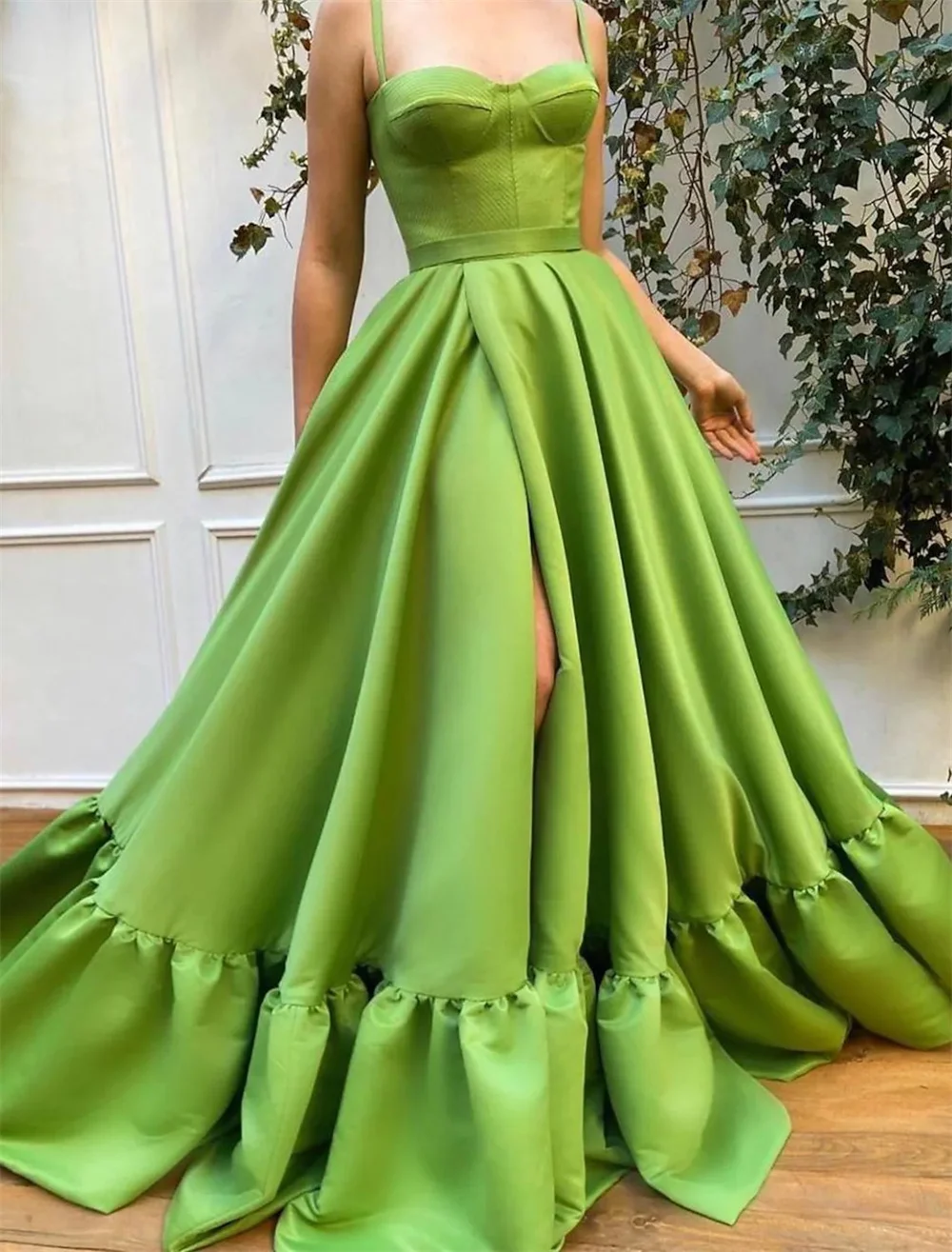 

Formal A-Line Reformation Prom Dress Amante Vintage Engagement Spaghetti Strap Sleeveless Train Satin with Slit Pure Color