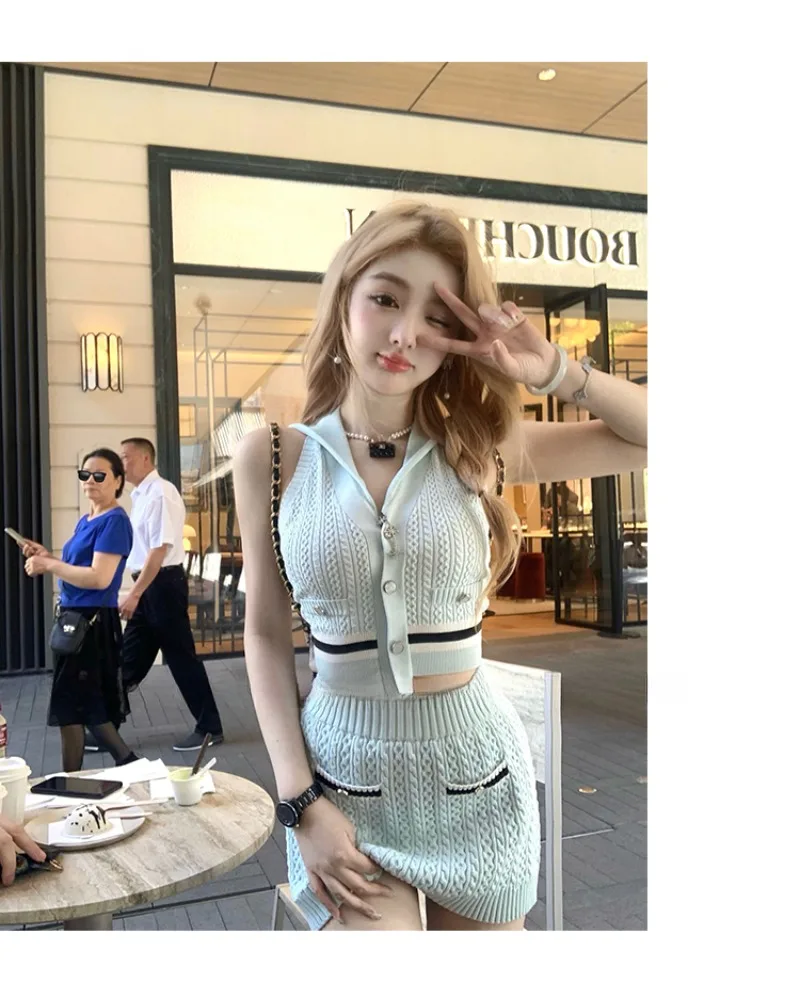 Academy Sweet Hanging Neck Hooded Knit Top Wrap Hip Skirt Two Piece set Women Sleeveless Single breasted Spicy Slim Summer Suit