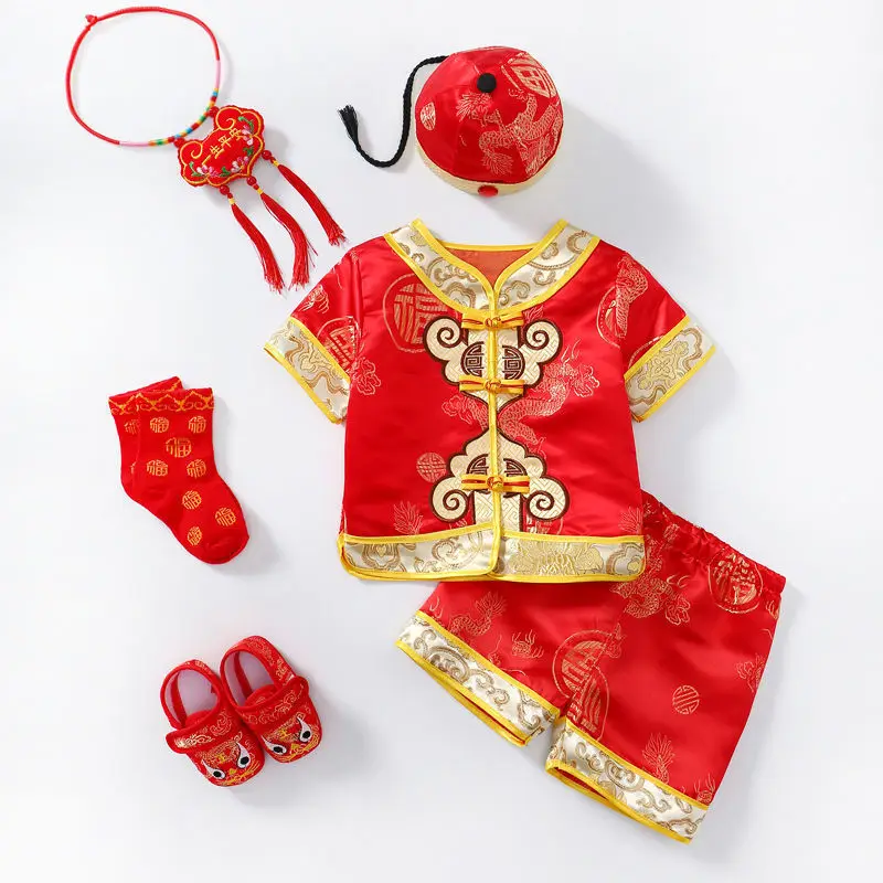 Children Tang Suit Photography Clothes Chinese Traditional New Year Costume Newborn Baby Hanfu Hat Kids Short Sleeved Shorts