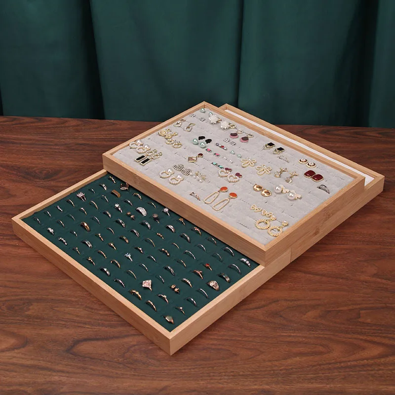 Bamboo Velvet Ring Tray 100 Slots Jewelry Display Organizer Holder for Rings Earrings Retail Showcase Storage Tray