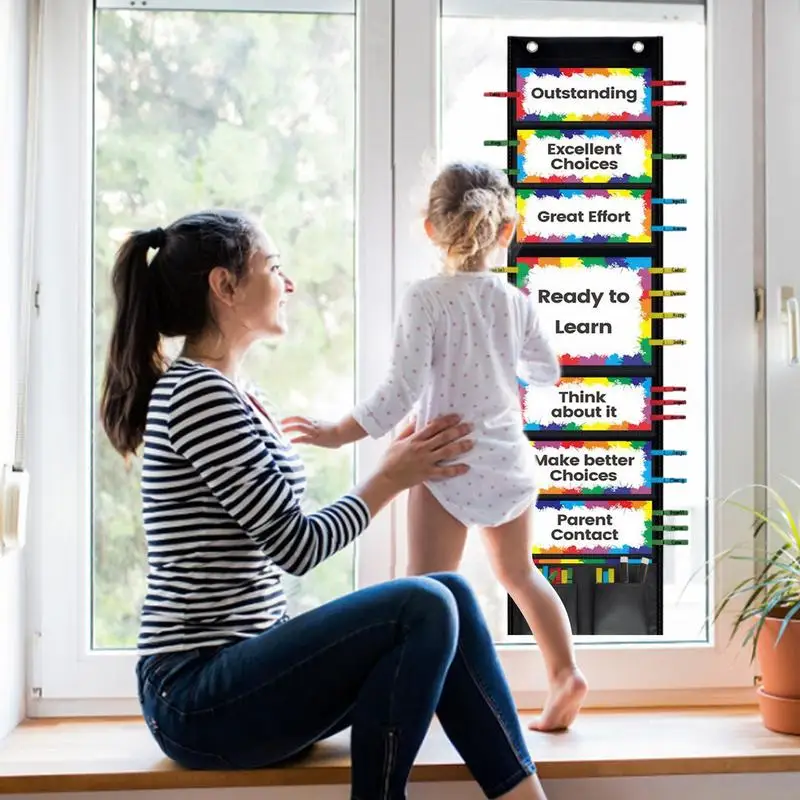 Kids Behavior Chart Reward Pocket Chart For Kids Track Dangling Bulletin Board With Wooden Clips Multifunctional Behavior Chart