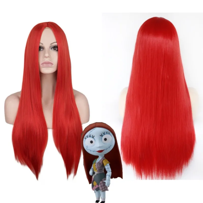 

Парик красного цвета для женщин, для костюма Салли «Кошмар перед Рождеством», длинный прямой синтетический для Хэллоуина, 26 дюймов