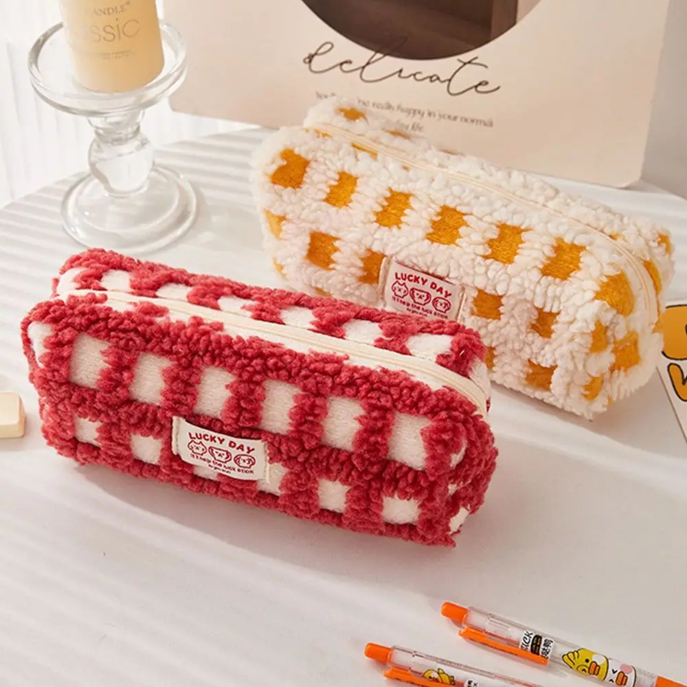 INS Style Plush Plaid Pencil Case Soft Quilting Seam Student Stationery Bag Large Capacity Stationary Storage Pouch