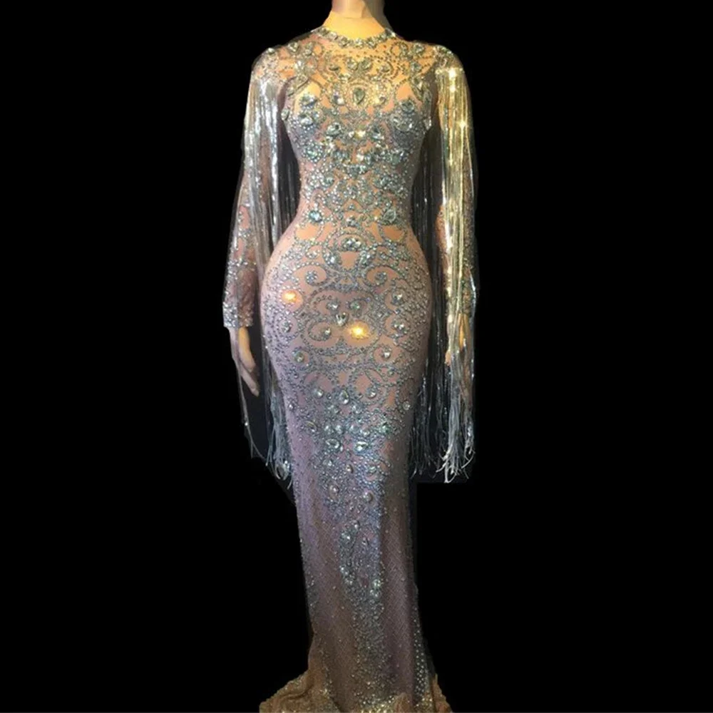 Diamants brillants strass femmes argent cristal longue gland robes au sol