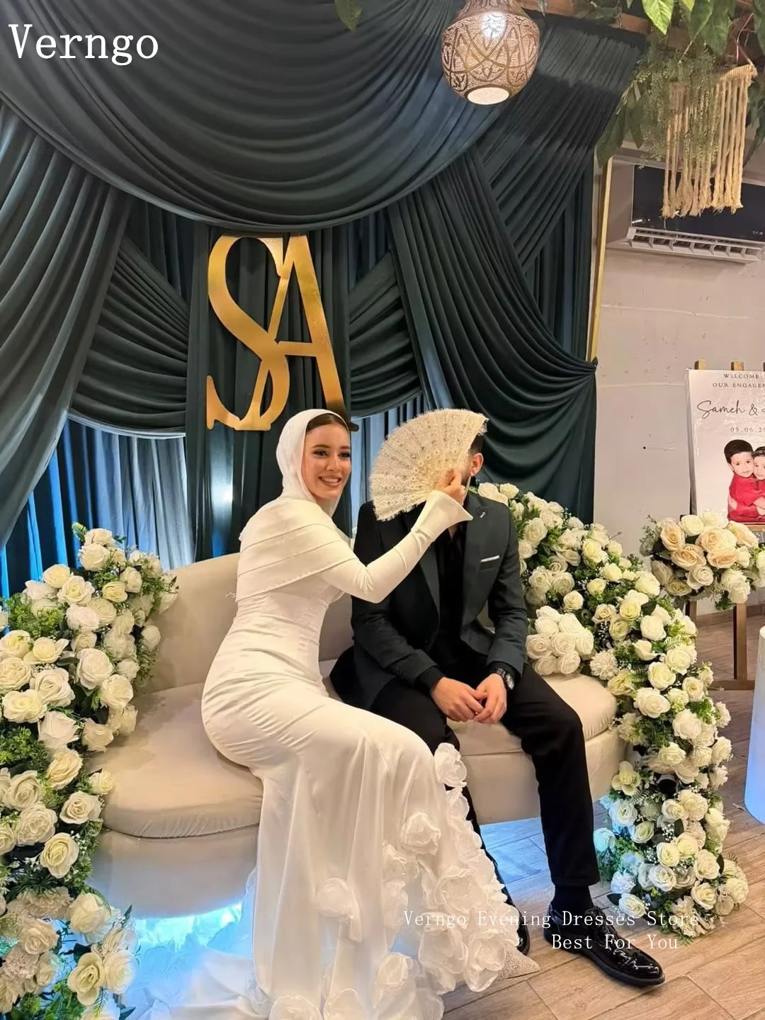 Verngo lvory Crepe 3D Flowers Wedding Dress O Neck Full Sleeves Mermaid Pleated Bridal Gowns Modest Bride Dress Customized