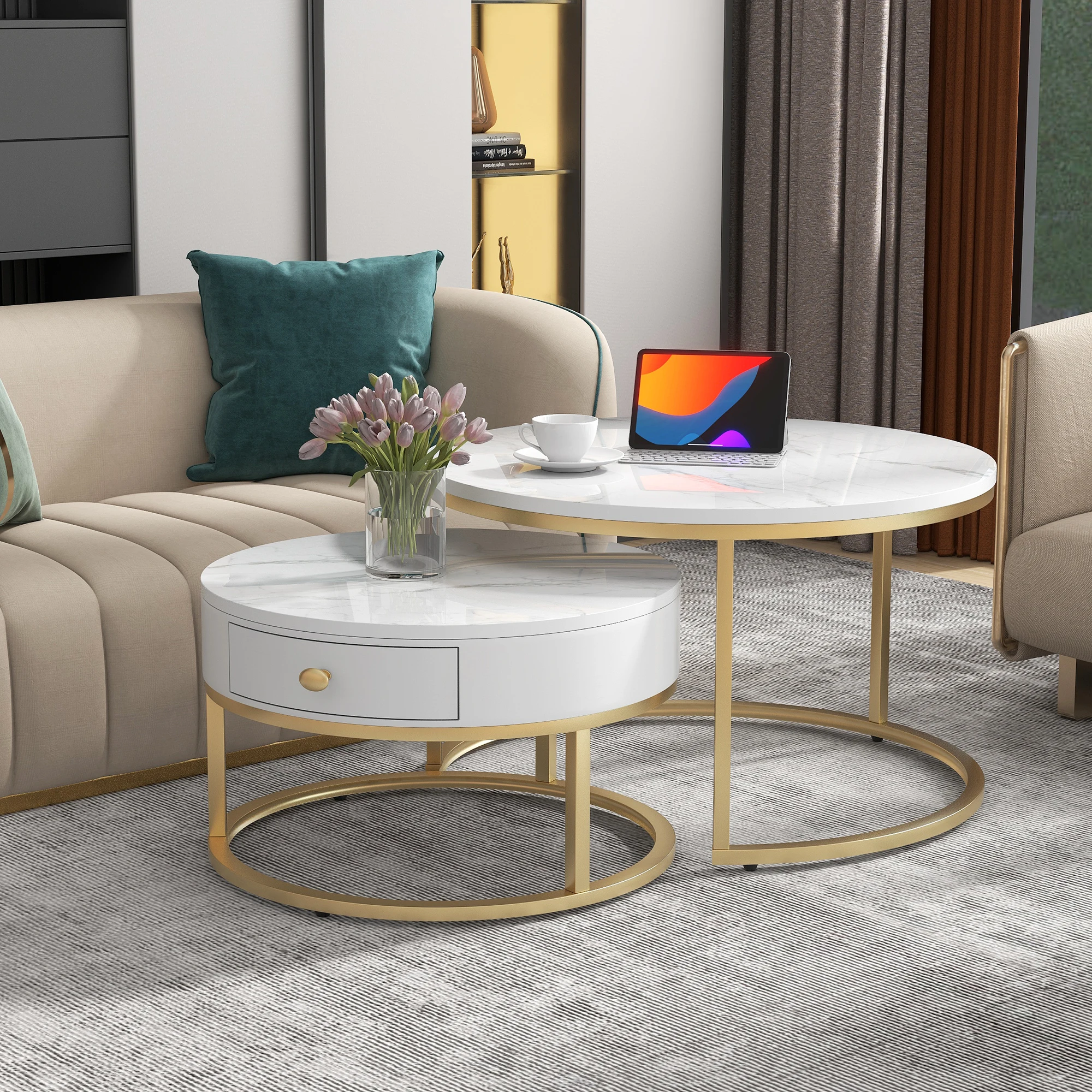 VSOGA Modern Nesting Coffee Table High Gloss Marble Pattern Set Of 2 Round Coffee Tables Round Nested Side Table