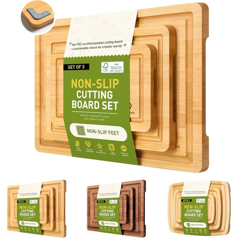 

Bamboo Cutting Board Set Non Slip Feet Wood Cutting Boards for Kitchen with Juice Grooves & Built-in Handles, Ideal Charcuterie