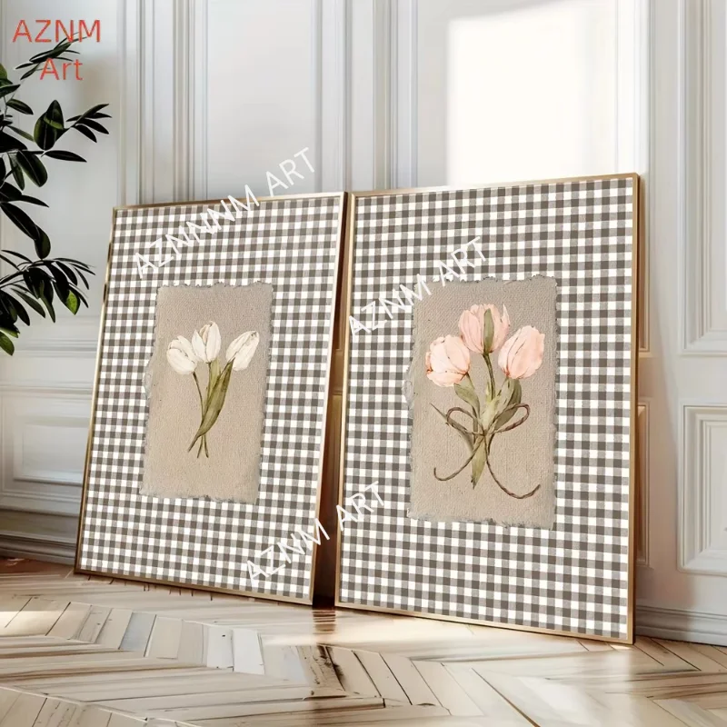 1/2Pcs Brown Geham Plant Tulip Flower Retro Wall Art Poster Canvas Printing Simple Flower Farmhouse Decoration