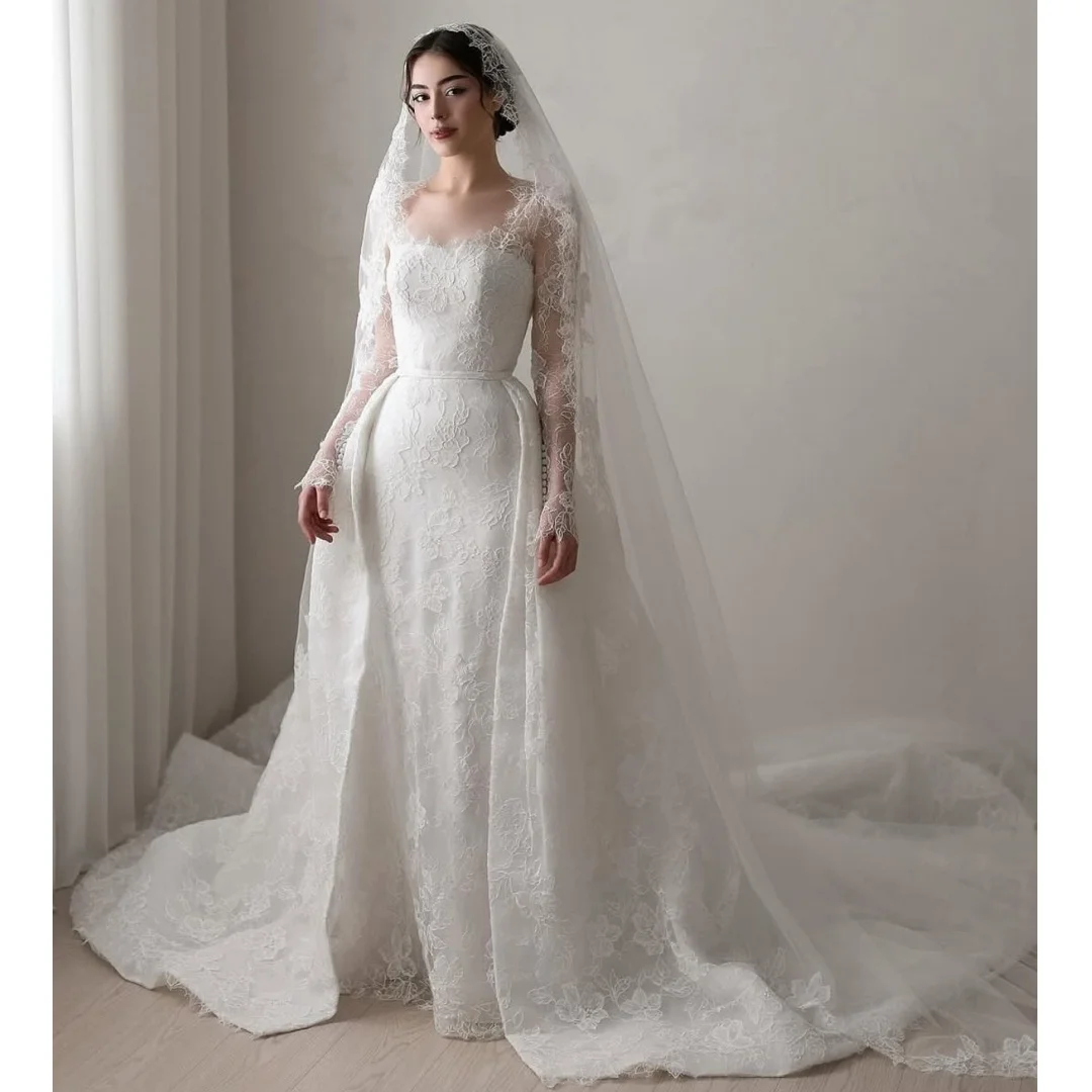 فستان زفاف بأكمام طويلة من الدانتيل مع ذيل قابل للانفصال فساتين حفلات الزفاف العربية فساتين حفلات العروس الرائعة حسب الطلب #1