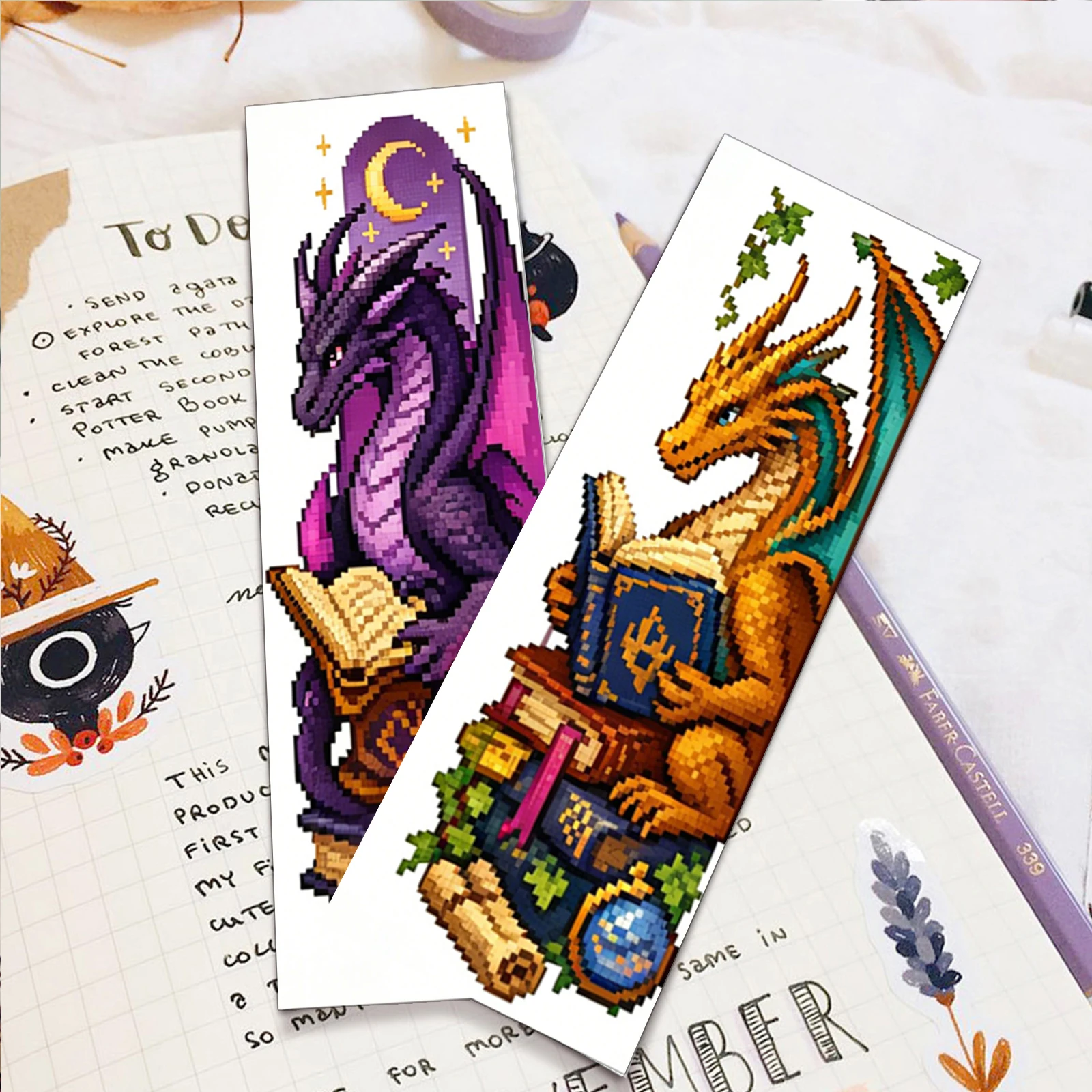 14CT 2 Strands Stamped Embroidery Page Marker Set 6PCS Single-Sided Vintage Stamped Cross Stitch Page Charm 7.87 X 11.81in