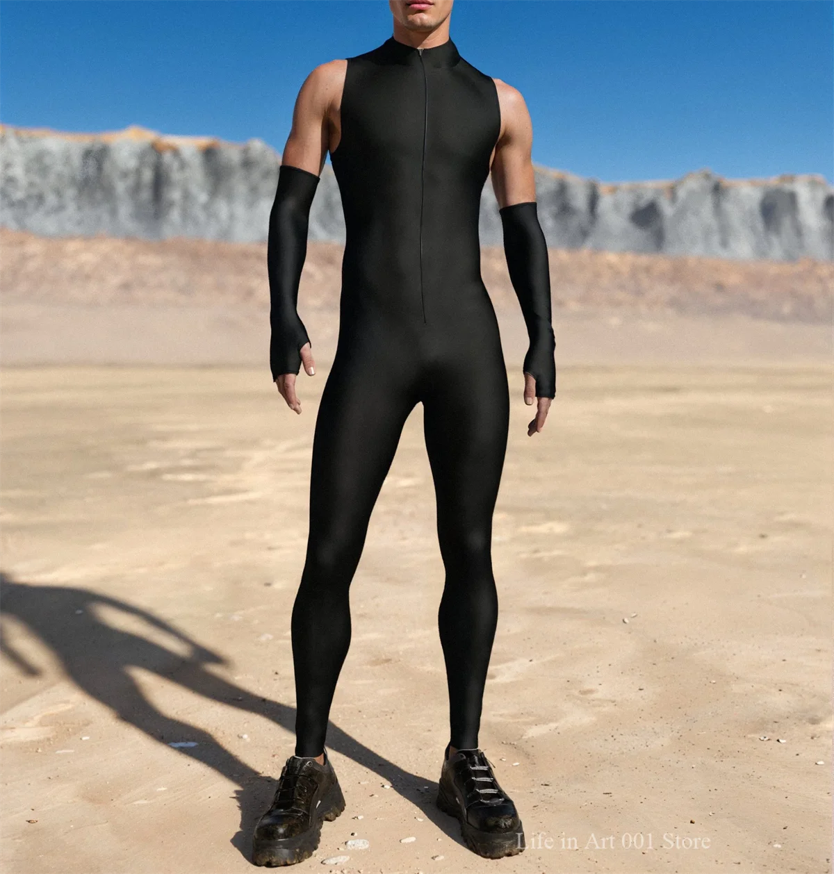 بدلة قطعة واحدة بدون أكمام للرجال والنساء باللون الأسود النقي بدلة تنكرية لحفلات الهالوين بدلة حفلات الهذيان مع قفازات متطابقة