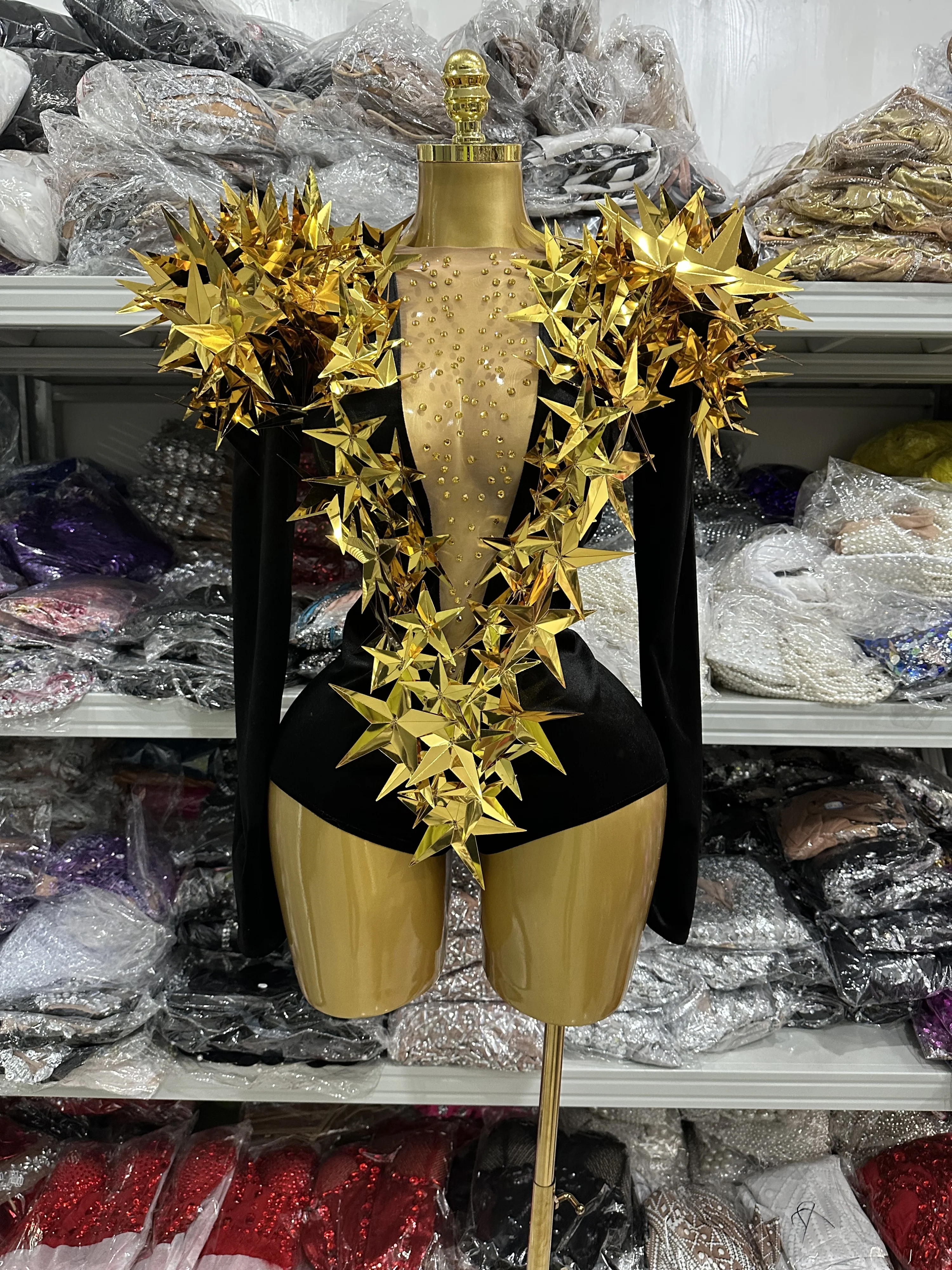

Black White Women Long Sleeve Sexy Golden Shining Stars Bodycon Bodysuit Velvet Celebrate Nightclub Party Bar Dancer Stage Wear