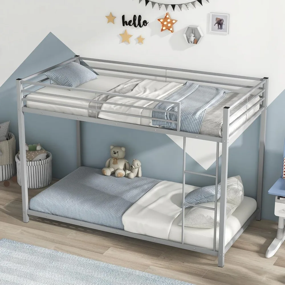 Metal Low Bunk Bed Twin Over Twin, Heavy Duty Bunk Bed Frame with Ladder & Full-Length Guardrails, Metal Slatted Floor Bed