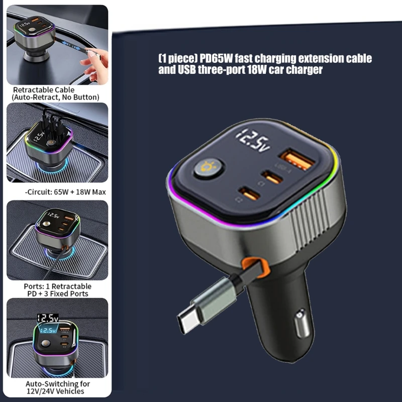 Fast Charging Adapter USB C Car Including Retractable Cable Safety