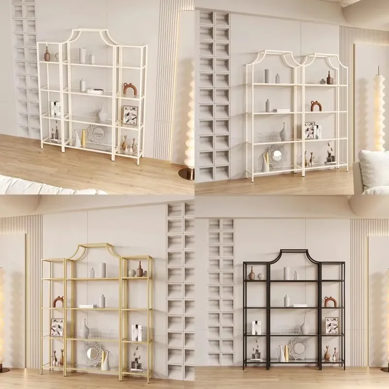 Modern Wrought Iron Floor Display Rack with Glass Shelves Multi Tier Room Divider Stand for Home Office Storage
