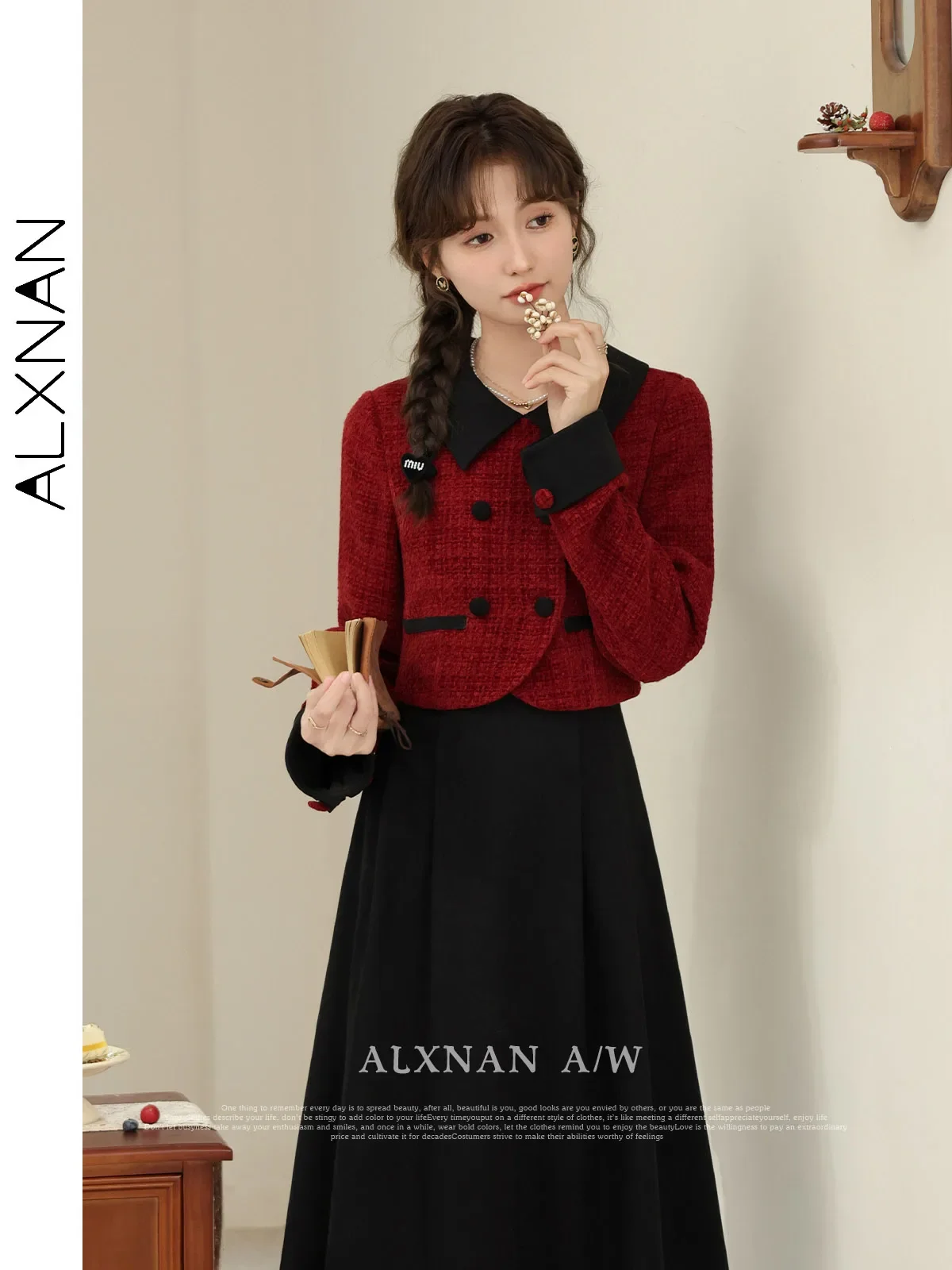 ALXNAN Fake Two Piece Dresses for Women Elegant Tweed A-line Patchwork Lapel Collar Long Sleeve Dress 2024 Fall Winter LXN329109