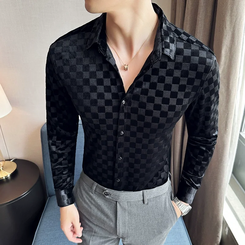 Luxury Plaid Black Velour Mens Shirts Checked Elegant Gentleman Business Work Office Wear Velvet Blouse Silver Slim Fit Clothing