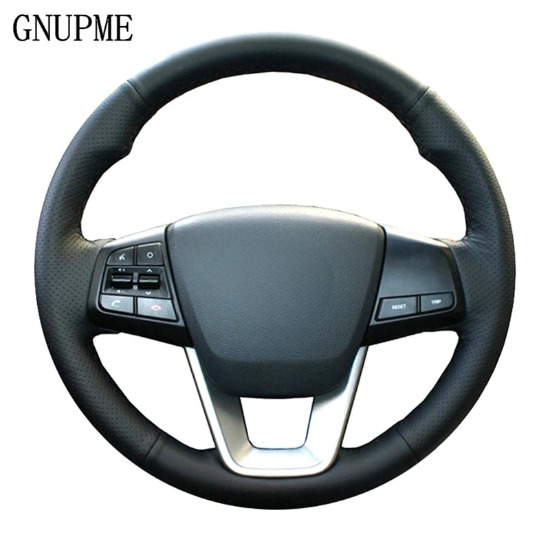 GNUPME DIY Hand-stitched Soft Artificial Leather Black Car Steering Wheel Cover for Hyundai ix25 2014 -2018 Creta 2016 - 2018