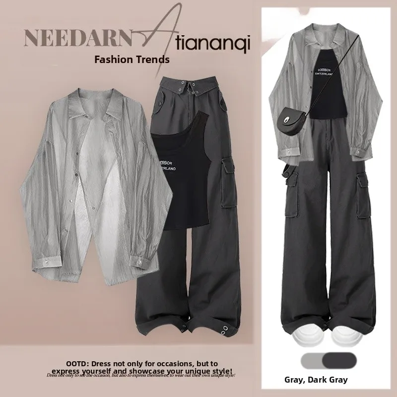 

Large Size Spring Summer Vintage Set Women's irt And High-End Casual Pants Tee-Piece Set Cheered Pattern Strap Included
