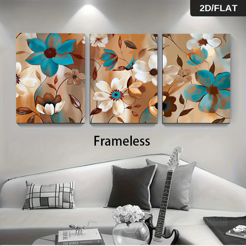3PCS Large-sized frameless canvas paintings,1 set of modern minimalist three-panel frameless decorative paintings, abstract flor