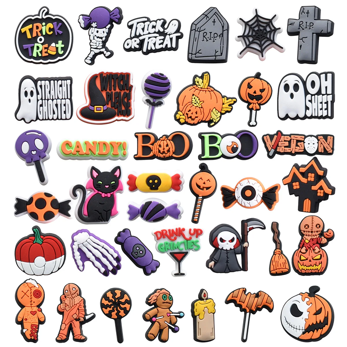 38pcs Halloween Candy Shoe Charms DIY Cartoon Garden Shoes Decorations Accessories for Clog Sandal Buckle Kids Party Gifts