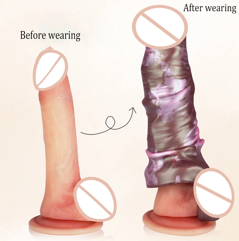 Realistic Horse Cock Sleeve 18+ Men Sex Toys Soft Silicone Hollow Penis Sleeve Condoms Male Dick Bold Penis Enlargement Extender view 5