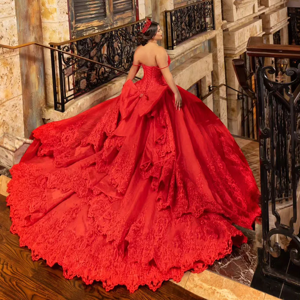 Vestido De quinceañera con tirantes finos, traje rojo con volantes, corsé De encaje con apliques, 15 Años