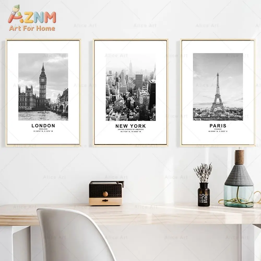 AZNM Black White World City Landmark Canvas Wall Art Minimalist Travel Photo Coordinate Print Frameless Canvas Painting Living R
